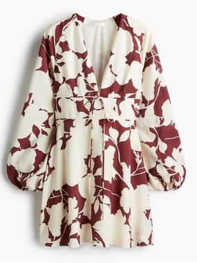 H&M Cream and Burgundy Floral Long Sleeve Dress